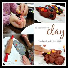 there is a collage of pictures with children making cakes and playing with candy on the table