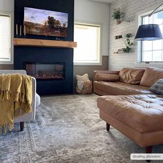 a living room with two couches and a television mounted above the fireplace in it