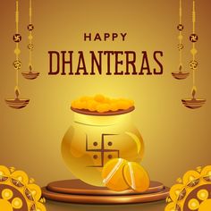 a happy dhanteras greeting card with gold coins and a pot full of money