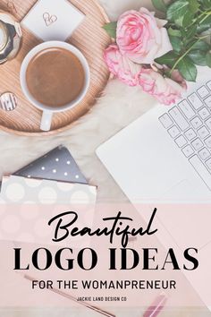 a desk with a laptop and flowers on it that says beautiful logo ideas for the womanpre