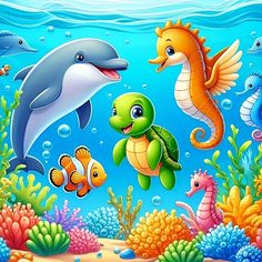 an underwater scene with dolphins, seahorses and other marine animals in the water