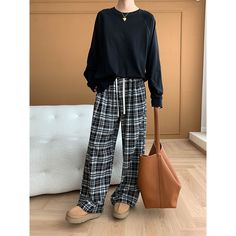 High-Waisted Elastic-Waisted Wide Leg Black Plaid Pants Fabric: 72% Polyester+25% Rayon+3% Spandex Size: M, L Multiple Color Selections: Black Season: Spring, Fall, High-waisted Pants For Leisure In Fall, Baggy Leisure Pants For Fall, Trendy Fall Bottoms For Leisure, Trendy Fall Leisure Bottoms, Leisure Long Pants For Fall, Fall Leisure High-waisted Pants, Casual Black Wide Leg Lounge Pants, Casual Black Wide Leg Loungewear Pants, Casual Black Wide Leg Pants For Loungewear