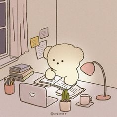 a teddy bear sitting on top of a desk next to a laptop computer and books