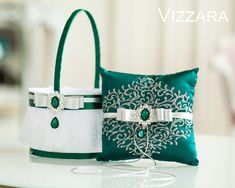 two green and white bags sitting on top of a table