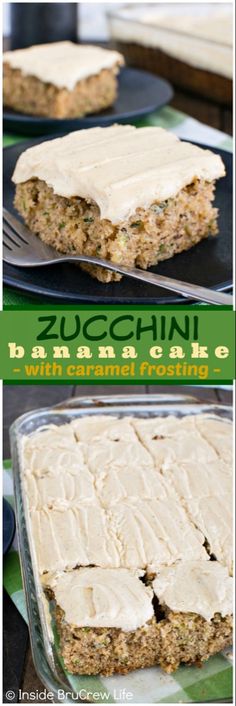 zucchini bread with cream cheese frosting on top and in the middle, before and after baking