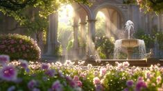 a fountain surrounded by pink flowers and greenery