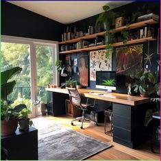 a home office with plants and bookshelves on the wall, along with a large window