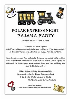 a flyer for the polar express night pajama party with an image of a train