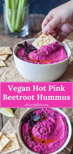 vegan hot pink beetroot hummus in a bowl with crackers