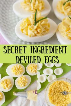 deviled eggs in deviled egg shells on a plate with the words secret ingredient deviled eggs