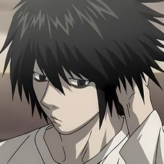 an anime character with black hair and white shirt looking to his left, while staring at the camera