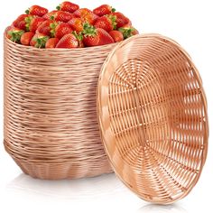 a wicker basket with strawberries in it next to a round container filled with strawberries