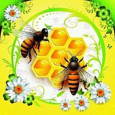 two bees and honeycombs with daisies on a yellow background