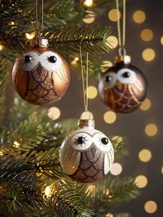 three ornaments hanging from a christmas tree with gold lights in the background and an owl on one ornament