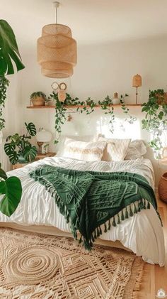 a bedroom with plants on the wall and a bed in the middle, surrounded by wicker baskets