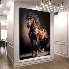 a painting of a horse is hanging on the wall