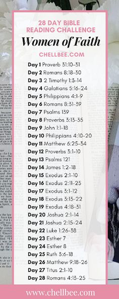 the women of faith daily bible reading challenge is shown in pink and white with flowers