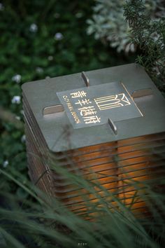 a light that is sitting on top of a box in the grass with flowers behind it