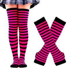 Over-The-Knee Striped Socks And Gloves Hot Pink & Black Striped Lace Up Back Bandana Backless Crop Top Nwt Hot Pink / Small Fall Season Pink Stretch Knee-high Socks, Black Knee-high Socks For School, Trendy Black Knee-high School Socks, Trendy Black Knee-high Socks For School, Pink Fitted Knee-high Casual Socks, Pink Casual Knee-high Socks, Trendy Fitted Pink Knee-high Socks, Pink Fitted Casual Knee-high Socks, Fitted Pink Knee-high Winter Socks