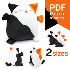 the stuffed animals are all different sizes and colors, including one black and white cat