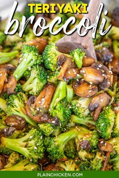 broccoli and mushrooms stir fry in a pan with a wooden spoon