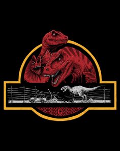 an image of two dinosaurs in front of a black background with red and yellow accents