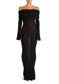 Knit, off-the-shoulder maxi dress with fold over neckline and long, bell sleeves. Shown here in Black. 77% Viscose, 23% Polyester Made in China Model is 5'9" wearing size S Style No. 3922-17 Summer Neutrals, Long Bell Sleeves, Knit Maxi Dress, Knit Outerwear, Knit Shoes, Romper And Jacket, Summer Capsule Wardrobe, Maxi Knit Dress, Crop Top Sweater