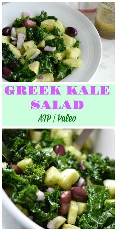 greek kale salad with pineapples and olives in a white bowl