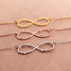 "Engraved Delicate Nameplate Jewelry Gifts for Her: Custom made three to four names infinity nameplate necklace in 18k gold, rose gold, sterling silver 925. The perfect gift for mom, grandma, wife, sister, best friend or yourself. ✨ SIZE & MATERIALS ✨ ★ Material: Sterling Silver 925, 18K Gold Plated Sterling Silver 925, 18K Rose Gold Plated Sterling Silver 925, 18K Gold Vermeil Plated Sterling Silver 925 Thickness: 0.9mm / 0.04\" Height of pendant: 13.97mm x 39.88mm / 0.55\" x 1.57\" Chain s Personalized Infinity Rose Gold Jewelry, Personalized Rose Gold Infinity Jewelry, Customized Infinity Name Necklace, Customized Gold Infinity Jewelry, Personalized Infinity Necklace For Mom, Elegant Infinity Name Necklace With Custom Name, Elegant Infinity Customized Name Necklace, Personalized Gold Infinity Name Necklace, Gold Infinity Jewelry With Name