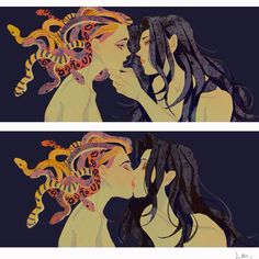 two paintings of women with long hair and octopus tentacles on their heads, one is biting the other's mouth