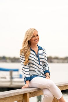 Inspired by the uniform of the French Navy, our super soft cotton striped shirt is the BEYC adaptation of a maritime classic. Our version of the iconic Breton shirt has three-quarter sleeves, Bitter End buttons at the turned-up cuffs, and a wide contrasting navy waistband for feminine flair. Set a course in this classic, sailor style. Coastal Grandma Chic, Preppy Style Women, Breton Shirt, Grandma Chic, Sailor Style, Sailor Fashion, Vintage Patches, French Navy, Womens Jersey