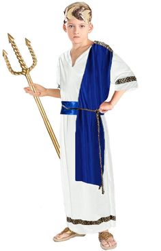 a young boy dressed in an ancient greek costume holding a staff and wearing a blue cape