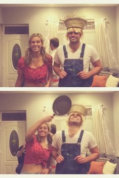 two people standing in front of a mirror with hats on their heads and one person wearing overalls