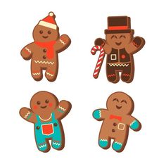 four gingerbreads with hats and candy canes on white background stock photo image