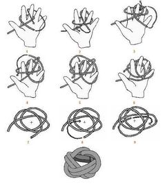 instructions to tie a knot in the shape of a hand with two hands and four fingers