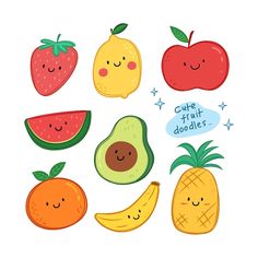 various fruits and vegetables with the words cafe fruit doodles written on them in different languages