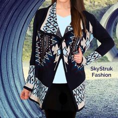 Navy Blue And Light Blue, 100% Acrylic. Great Quality Nice And Cozy Not Thin And Cheap! Runs Large! Pastel Clothing, Fall Fashion Sweaters, Aztec Print Sweater, Charcoal Blue, Wrap Cardigan, Sweater Sale, Clothing Styles, Open Cardigan, Fall Winter Outfits