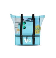 a blue tote bag with an image of surfboards on the front and bottom