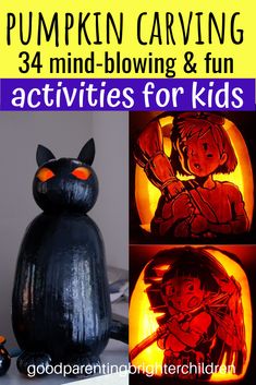 pumpkin carving for kids with text that reads pumpkin carving 34 mind - blowing & fun activities for kids