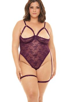 Open Shelf Cup Teddy With Open Gusset And Attached Decorative Garter Stays- Fit Guide: See Fit Guide- Care: Hand Wash & Drip Dry- Purple Lingerie, 3d Studio, Plus Size Fits, Bodysuit Lingerie, Open Shelf, Triangle Top, Plus Size Lingerie, Lace Bodysuit, Women Lingerie