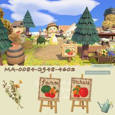 an animated farm scene is shown in the foreground and on the right, there are two wooden easels