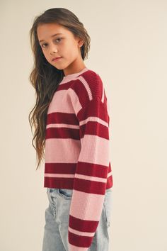 The classic striped design extends from the chest to the arms, looks aesthetic. And neck details will not constrict kids, on the contrary, it brings cozy and warm, believe girls are willing to wrap themselves in it all fall and winter long. The cute pullover sweater made of high quality fabric. Soft fabric is super comfy that will give you great wearing experience. Simply style it with your favorite pair of jeans, flares, leggings, skirts, boots, sneakers for a casual but trendy look. This strip Striped Crew Neck Cropped Sweater For Winter, Cute Striped Long Sleeve Sweater, Cozy Red Sweater With Ribbed Cuffs, Cute Striped Tops For Fall, Cute Striped Fall Tops, Cute Red Sweater For Fall, Striped Knit Cropped Sweater For Winter, Cute Sweater With Ribbed Cuffs For Fall, Cute Fall Sweater With Ribbed Cuffs