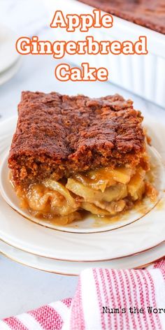 a piece of apple gingerbread cake on a white plate with the title above it