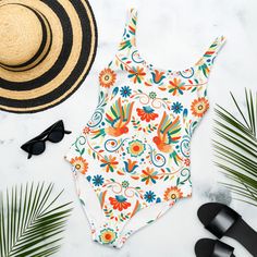 Mexican Otomi One-Piece Swimsuit - The Global Wanderer Multicolor Spring One-piece Swimwear, Playful White One-piece Swimwear, Multicolor Printed One Piece For Beach Party, Multicolor One Pieces For Beach Season, Summer Pool Multicolor Print Swimwear, Summer Multicolor Swimwear For Pool, Multicolor Print Swimwear For Summer Pool, Multicolor One-pieces For Beach Party Season, Beachy One-piece Printed Bodysuit