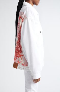 Dip into the season's vivid under-the-sea print via an inset foulard back panel on this white denim jacket in an oversized cut and set with Medusa-head buttons. 28" length (size 40IT) Front button closure Spread collar Button cuffs Chest button-flap patch pockets; front welt pockets Adjustable button side tabs 100% cotton with 100% polyester contrast Machine wash, dry flat Made in Italy Designer Clothing Oversized White Summer Outerwear, Luxury Washed Denim Jacket For Streetwear, Luxury Oversized Long Sleeve Denim Jacket, Luxury Oversized Washed Denim Jacket, Oversized White Cotton Denim Jacket, Luxury Oversized Button-up Denim Jacket, Oversize Denim Jacket, Sea Print, White Denim Jacket