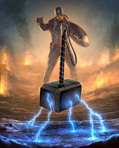 an image of a man standing on top of a hammer with lightning coming out of it