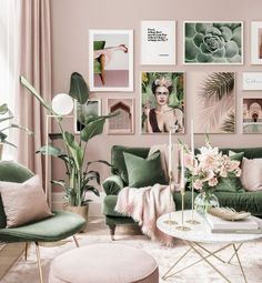 a living room filled with green furniture and pictures on the wall above it's coffee table