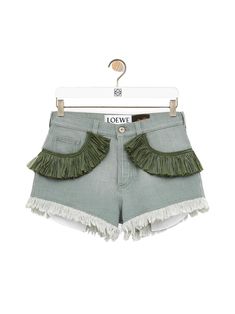 powder green cotton washed denim belt loops classic five pockets raffia fringe trim leather tag frayed edge short front button fastening This item is in size 34 and the color is Brown Loewe Paula's Ibiza, Textile Studio, Denim Wallet, Tom Ford Clothing, Denim Belt, Leather Tag, Frayed Denim, Leather Denim, Straight Trousers