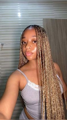 #braids Box Braids With Blonde In The Back, Different Color Goddess Braids, Blond Blended Braids, Black Hair With Blonde Braids, Brown Braids With Peekaboo, Long Blond Braids Black Women, Different Color Box Braids Black Women, Blonde Braids With Curls At The End