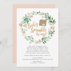 a baby sprinkle by mail card with flowers and leaves